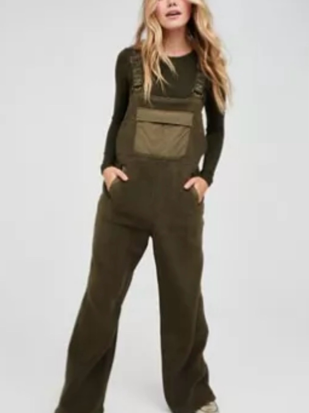 OFFLINE by Aerie Sherpa Fleece Overalls Womens S Olive Green Cozy Jumpsuit Bib S